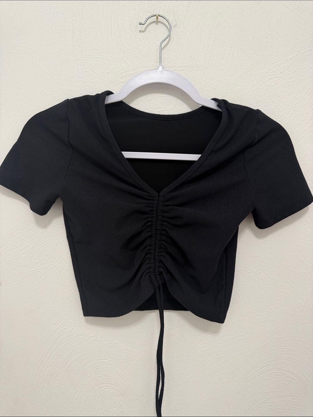 Black Ruched V-Neck Drawstring Crop Top